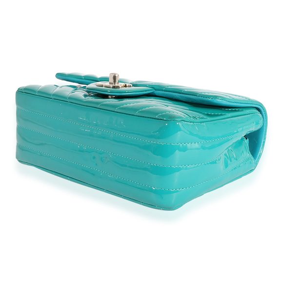 Chanel Teal Chevron Quilted Patent Leather Mini Rectangular Classic Flap Bag - Picture 7 of 8
